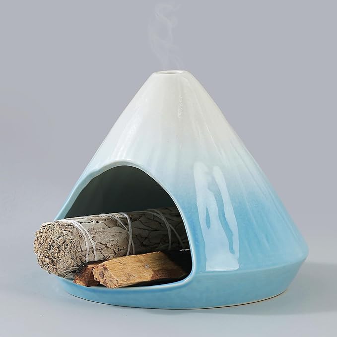 Chiminea Palo Santo Holder Sage Burner, Ceramic Incense Holder for Burning Sage Smudge Sticks and Palo Santo, Smudge Bowl for Yoga, Meditation, and Energy Cleansing (Blue)