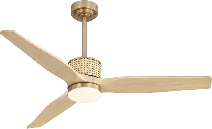 LEDLUX 52" Ceiling Fan with Light – Remote Control, Solid Wood, Quiet Reversible DC Motor, Light Oak/Gold Finish, Includes 4.5"/12" Downrods, Noiseless Ceiling Fan for Bedroom, Living Room, Porch