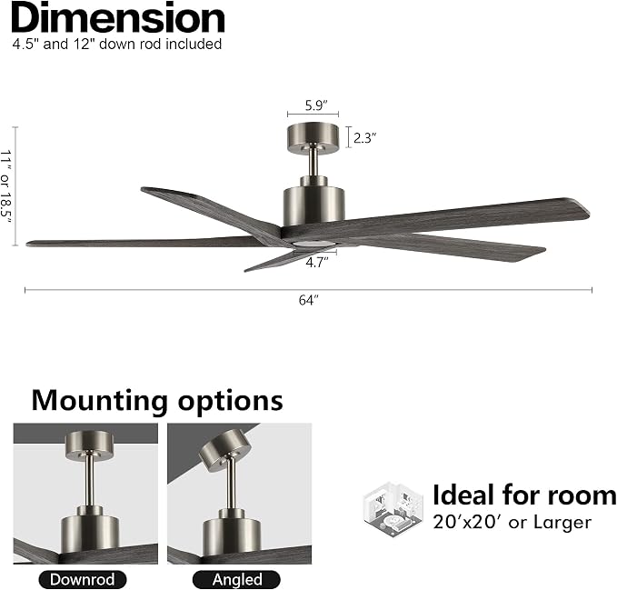 WINGBO 64 Inch DC Ceiling Fan without Lights, 5 Reversible Carved Solid Wood Blades, 6-Speed Noiseless DC Motor, Ceiling Fan No Light with Remote, Brushed Nickel Finish with Gray Blades, ETL Listed