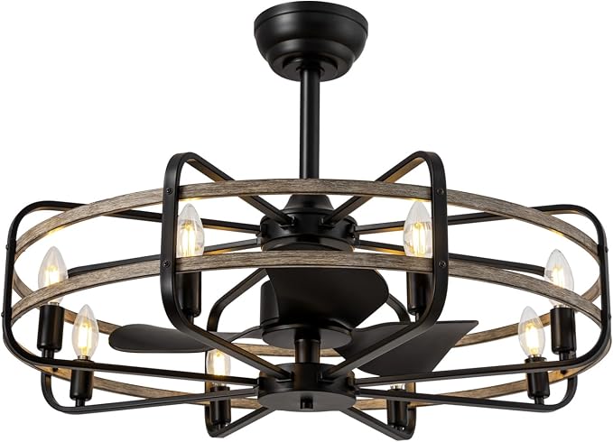 NOXARTE 30 Inch Caged Ceiling Fan with Light, Bladeless Farmhouse Ceiling Fan with Remote 6 Speed Reversible Industrial Fandelier for Living Room Bedroom Kitchen