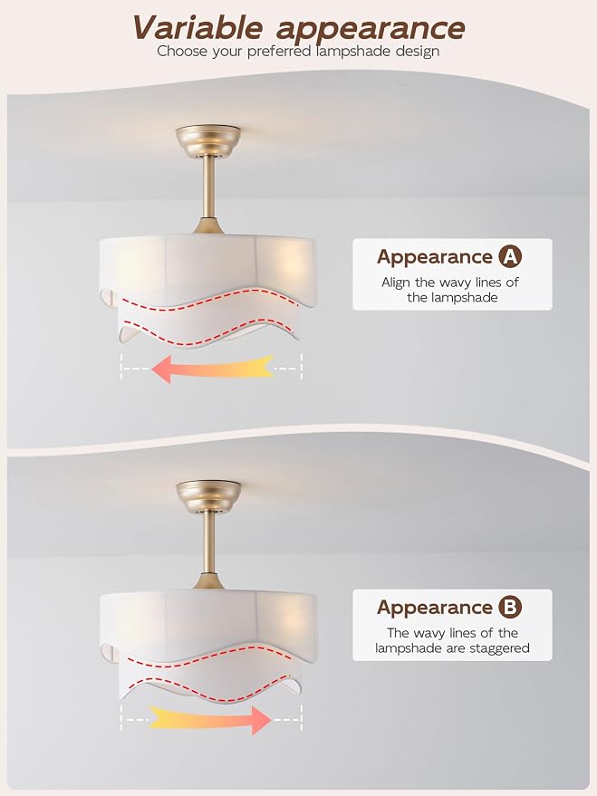 20" Boho Fandelier Ceiling Fans with Lights, Gold Fandelier Ceiling Fans with Light Remote Control, Fabric 6 Speeds Reversible for Bedroom, Living Room, Nursery, Kitchen (White)