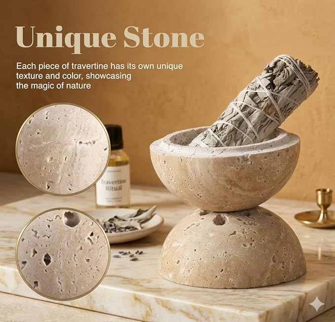 Handmade Travertine Stone Incense Resin Burner Holder – Natural Stone Incense Burner with Brass Insert for Home Decor & Relaxation