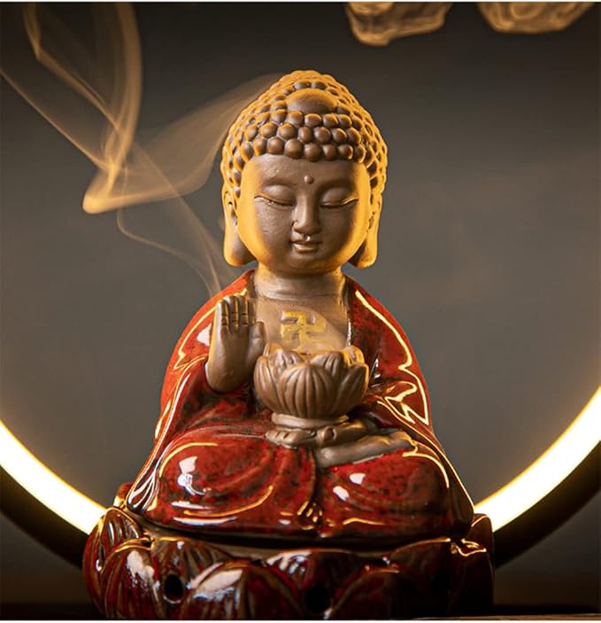 Ceramic Buddha Incense Burner Waterfall Chinese Backflow Incense Burner Holder with LED Light Incense Cones for Home Office Decor (Red)