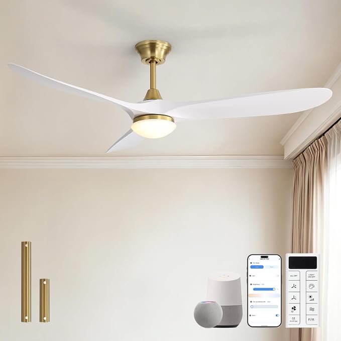Sofucor 60 Inch Smart Ceiling Fan with Lights, ABS Blade, Golden & White | Alexa/Google/APP/Remote Control, Quiet DC Motor, Timer, 3CCT, Dimmable, Indoor Outdoor Bedroom/Living Room/Patio/Kitchen