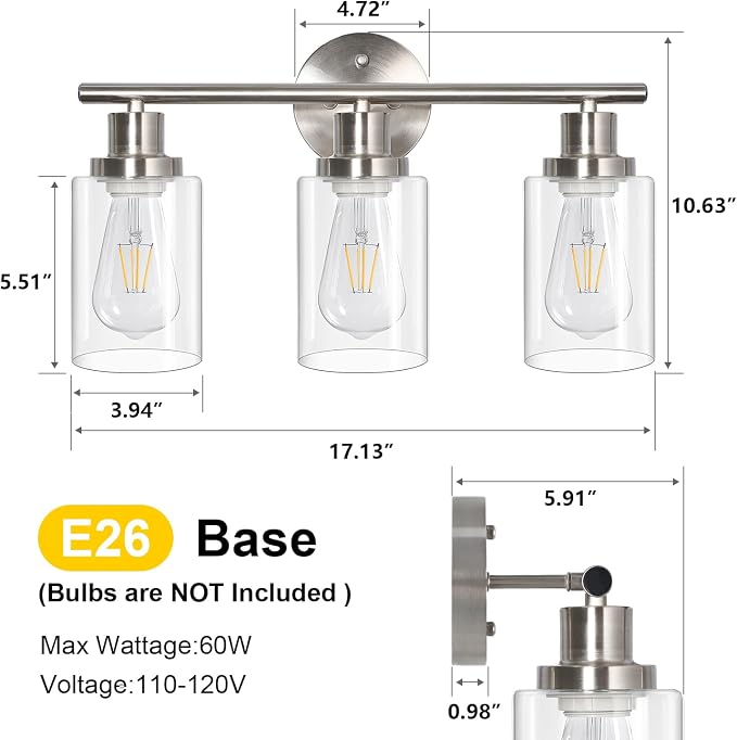 Unicozin 3 Light Vanity Lights, Brushed Nickel Wall Sconce Light with Clear Glass, Bathroom Light Fixtures, Wall Lights for Mirror, Living Room, Bedroom, Hallway, E26 Base (Bulbs Not Included)
