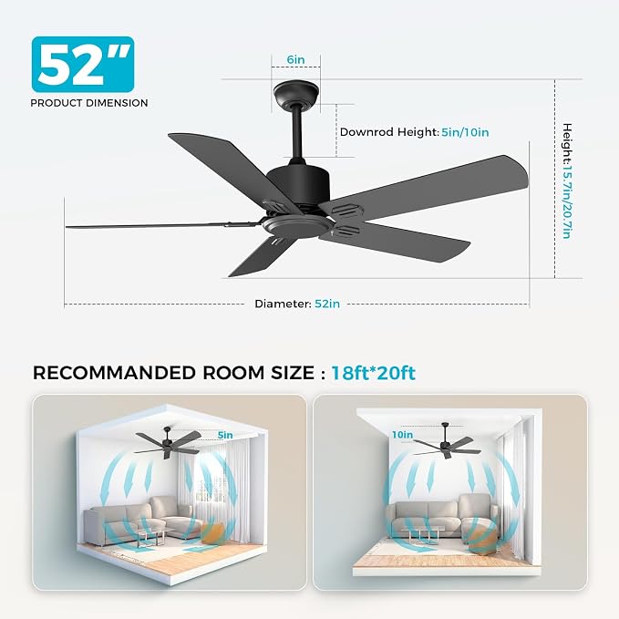 Obabala 52 Inch Ceiling Fan No Light, Modern Black Ceiling Fan Without Light with Remote & APP, Quiet Reversible DC Motor, 6-Speeds, for Living Room, Bedroom, Patio