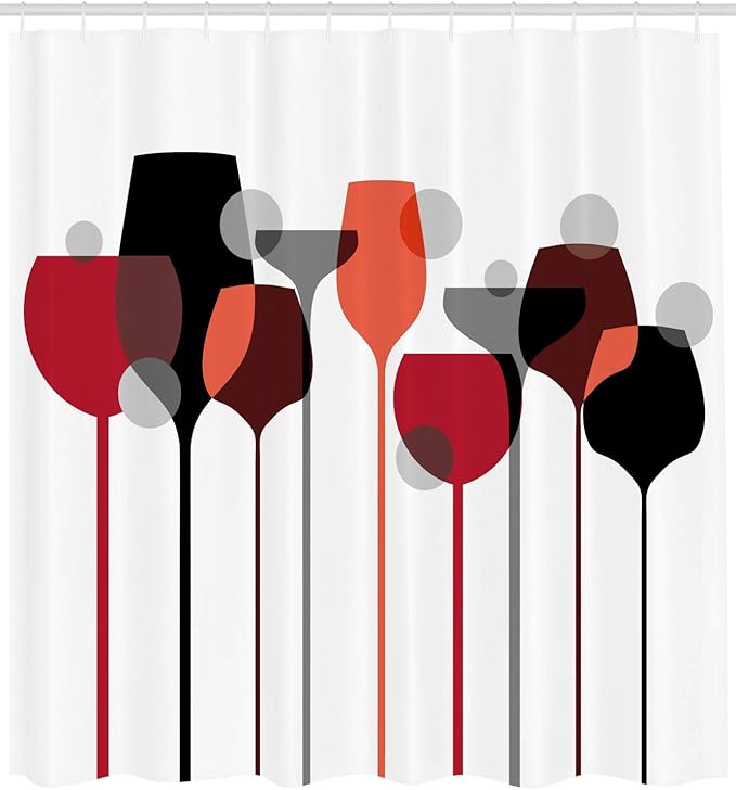 Ambesonne Wine Shower Curtain, Abstract Drink Glasses Silhouettes Dots Alcohol Theme Modern, Cloth Fabric Bathroom Decor Set with Hooks, 69" W x 70" L, Red Grey Black