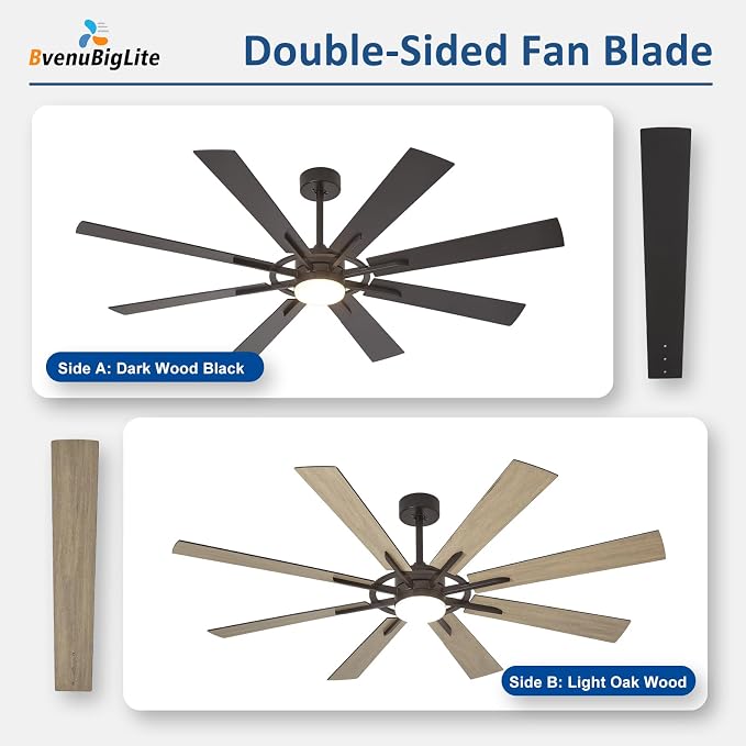 Large Ceiling Fans with Lights: Modern 66 Inch 8 Blade Outdoor Ceiling Fan with Remote APP Control - Dimmable Black Big Fan light Indoor Reversible 6 Speed Quiet DC Motor