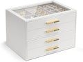 VLANDO 4-Drawer Jewelry Box with Glass Lid, Faux Leather Organizer for Rings Earrings Necklaces and More, Gift-Ready Jewelry Case for Women Girls or Moms, White