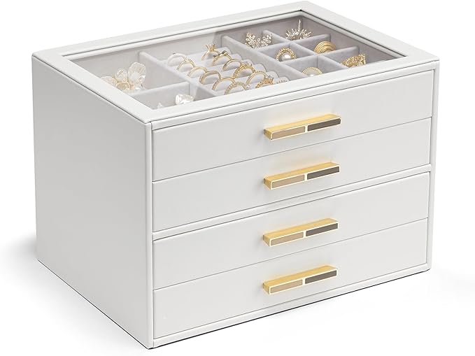 VLANDO 4-Drawer Jewelry Box with Glass Lid, Faux Leather Organizer for Rings Earrings Necklaces and More, Gift-Ready Jewelry Case for Women Girls or Moms, White