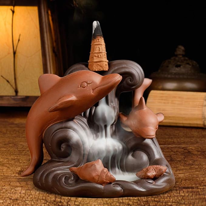 Backflow Incense Waterfall Burner, Cute Cone Holder Dolphin Decor Purple Clay Smoke Fountain Aromatherapy Ornamental with 10 Incense Cone Gift for Home Room Office Desk Indoor Meditation Yoga