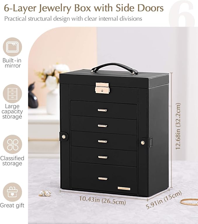 Homde Jewelry Box Large for Women: 6 Layers 5 Drawers Organizer with Mirror for Ring Earring Necklace - Storage Holder with Lock for Dresser - Ideal Gift Case (Black)