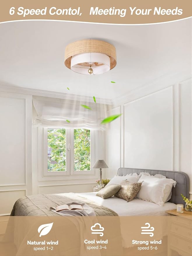 Flush Mount Ceiling Fan with Lights, 20" Caged Boho Ceiling Fan with Light Remote Control, Low Profile Bladeless with 6 Speeds, Drum Rattan Fabric for Bedroom, Nursery, Dining Room, Living Room