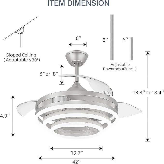 FIDGRA 42 Inch Retractable Ceiling Fan, Chandelier Ceiling Fans with Lights, Silent DC Motor, 6 Speeds, 3 Color Changing for Bedroom Living Room (Silver)