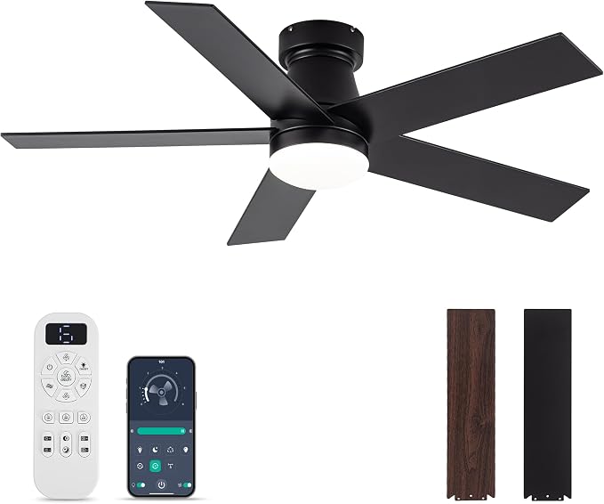 OURSTAR Ceiling Fans with Lights and Remote Control, Black Low Profile Ceiling Fan with Light 3-Color LED Dimmable, Memory for Lighting and Fan Reversible, 6-Speed, Timer, Indoor/Outdoor Use, 47 Inch
