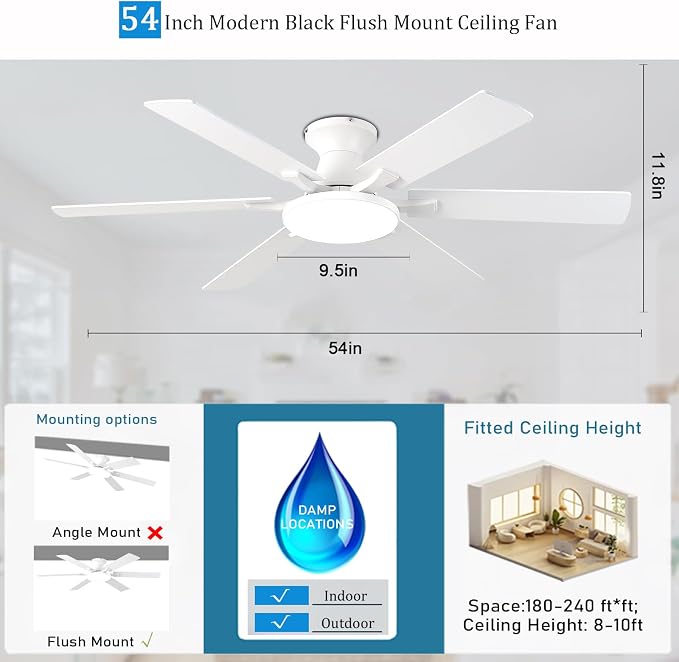 Ceiling Fans with Lights,54 Inch Low Profile Ceiling Fan with Light and Remote Control,6 Speeds/6 Blade,Flush Mount,LED Dimmable DC Reversible Modern, White Ceiling Fan for Bedroom/Living Room