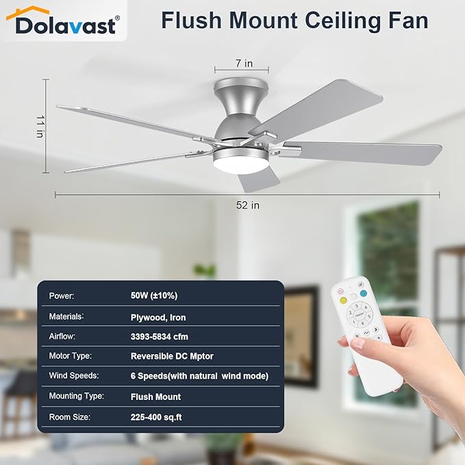 Ceiling Fans with Lights, 52 Inch Low Profile Ceiling Fan with Light and Remote Control, Flush Mount, Reversible, 3CCT, Dimmable LED, Quiet, Nickel Ceiling Fan for Bedroom, Living Room