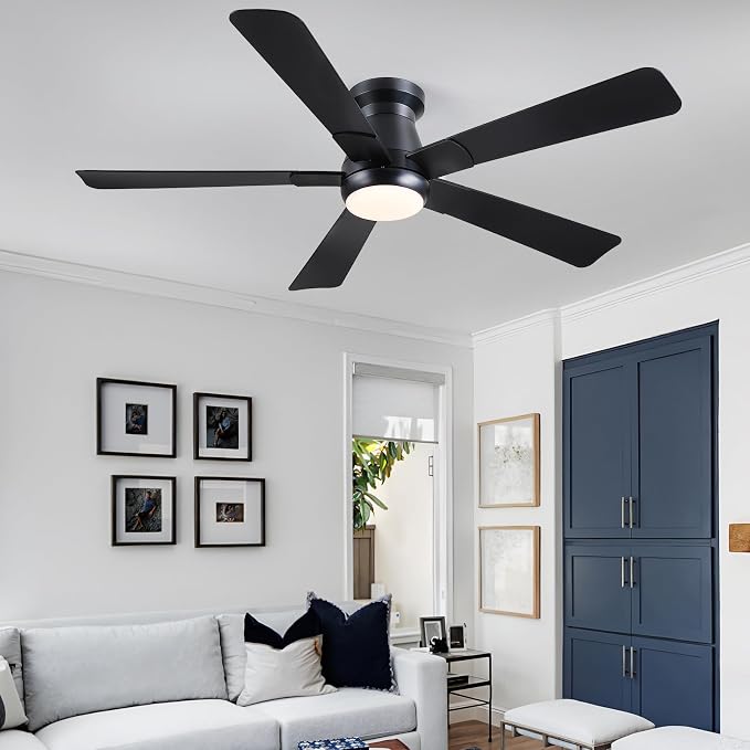 Hounberi 52" Flush Mount Ceiling Fan with Lights and Remote, Modern Black Low Profile Ceiling Fan, Quiet Reversible DC Motor, 3CCT Dimmable LED, Ideal for Bedroom, Living Room and Low Ceilings, Black