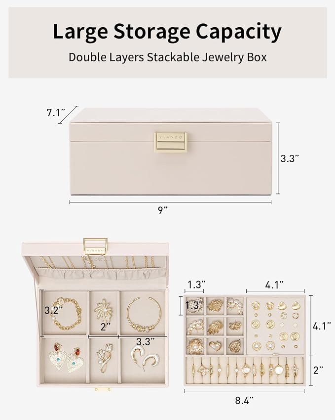 VLANDO 2 Layer Jewelry Box Large Jewelry Organizer for Women Removable Jewelery Tray for Necklace Earrings Rings Bracelets Mothers Gifts for Mom Wife (Light Pink)