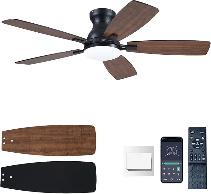 NKPU Ceiling Fans with Lights, Low Profile Ceiling Fan with Light and Remote/APP Control, DC Reversible Motor, Noiseless, Flush Mount, 46inch Brown Ceiling Fan for Bedroom Indoor/Outdoor Use