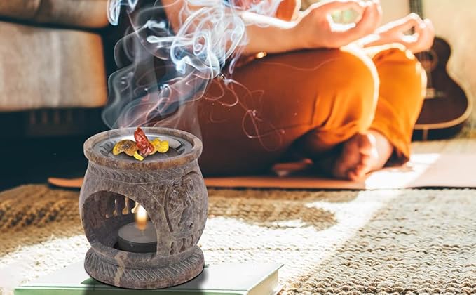 Soapstone Incense Burner with Strainer | 3.34 Inch Height & 3.15 Inch Diameter | Handmade Natural Stone Incense Holder for Gentle Aromatherapy with Tea Light | Decorative Meditation Accessory