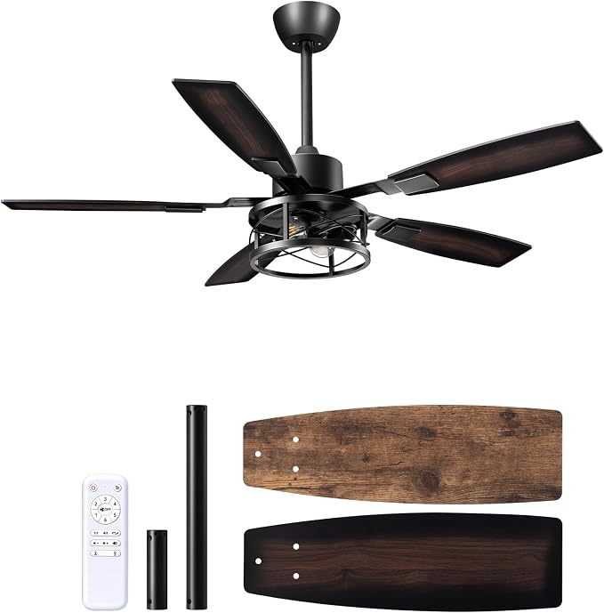 EDISHINE 52" Farmhouse Ceiling Fans with Lights and Remote, 10%-100% Dimmable, Reversible DC Motor, 6 Speed, 5 Wooden Blades, Timer, Rustic Caged Fandelier Ceiling Fan for Living Room, Bedroom