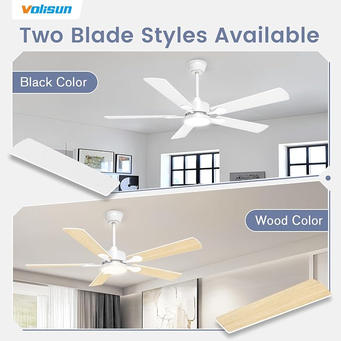 VOLISUN Ceiling Fan with Light, 52 inch Flush Mount Ceiling Fan with Lights and Remote, Dimmable LED Fan Light, Low Profile Ceiling Fan, White Modern Ceiling Fan for Bedroom, Indoor/Outdoor
