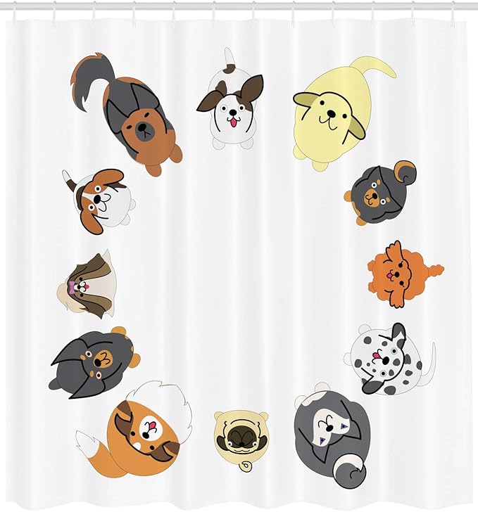Ambesonne Dog Shower Curtain, Various Different Dogs in Cartoon Style Looking up in Circle Characters, Cloth Fabric Bathroom Decor Set with Hooks, 69" W x 84" L, Cinnamon Grey White