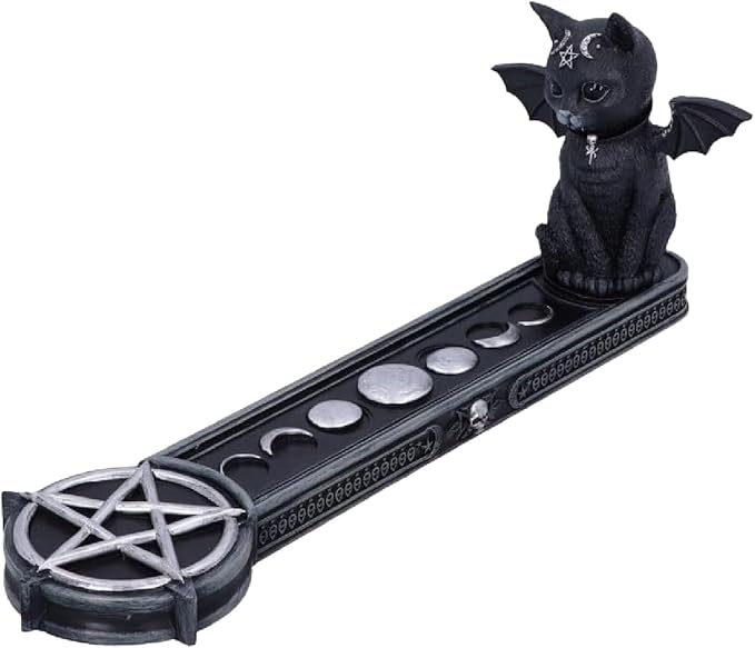 Nemesis Now Malpuss Vampire Cat Incense Burner, Hand-Painted Resin Gothic Decor Featuring Bat Wings and Pentagram Symbol, 24cm