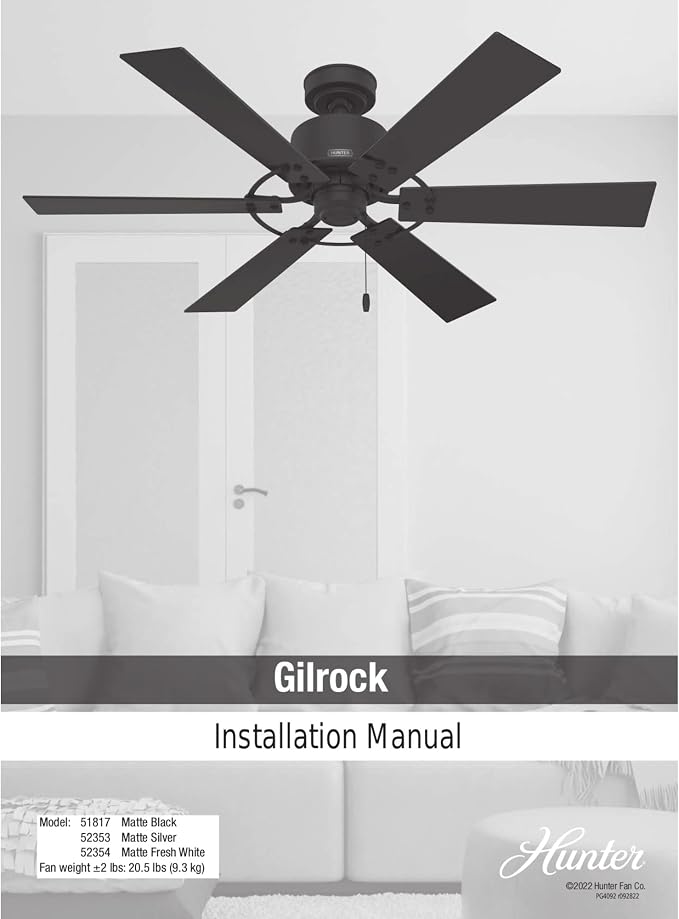Hunter Gilrock, Indoor, Ceiling Fan, No Light, 52 inch, Matte Silver | Standard Mount, Pull Chain, 6 Blades, For Bedroom, Living Room, Kitchen, 52353