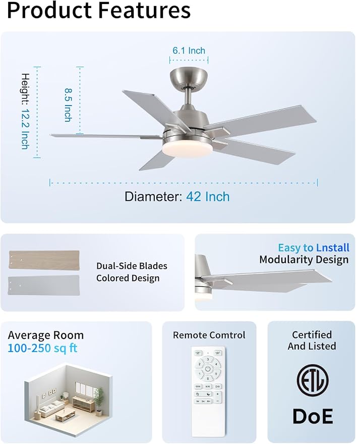 Rayqueen 42Inch Brushed Nickel Ceiling Fans with Lights and Remote,Downrod | 6 Speed Reversible DC motor,3-color temperature dimmable LED.For indoor/covered outdoor.Modern style for bedroom room
