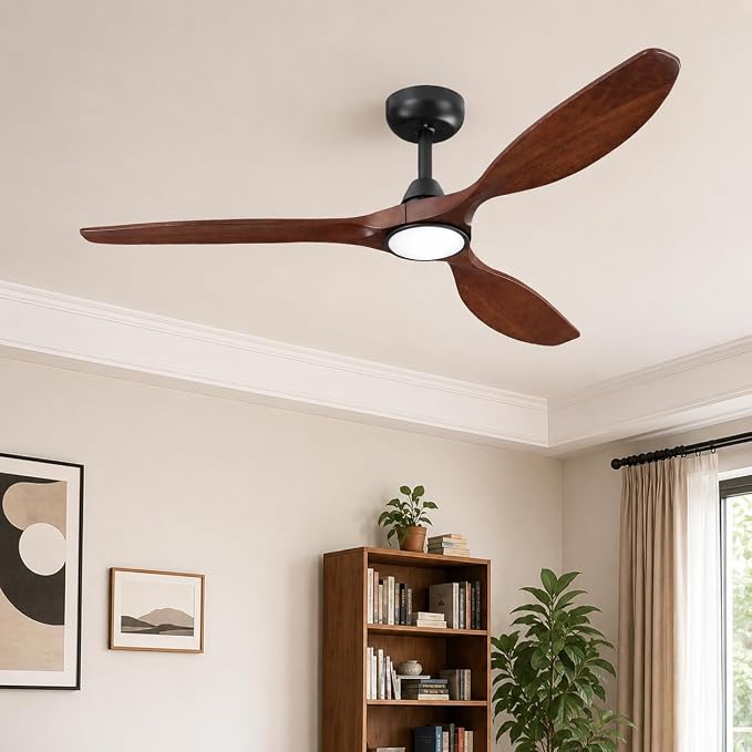 Skylike 52" Wood Outdoor Ceiling Fan with Lights, Propeller Farmhouse Ceiling Fan and Remote Control, 3 Blade Dark Walnut Ceiling Fan for Patio,Porch, Gazebo, Bedroom