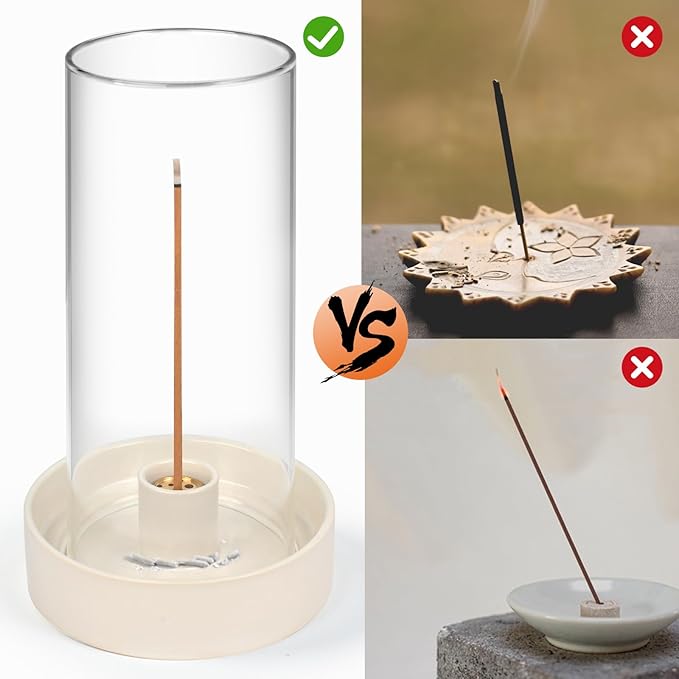 MOUGIGI Versatile Incense Burner Holder - Ideal for Incense Sticks, Palo Santo, Sage & More! Elegant Design with Removable Glass Cover to Prevent Ash Fallout