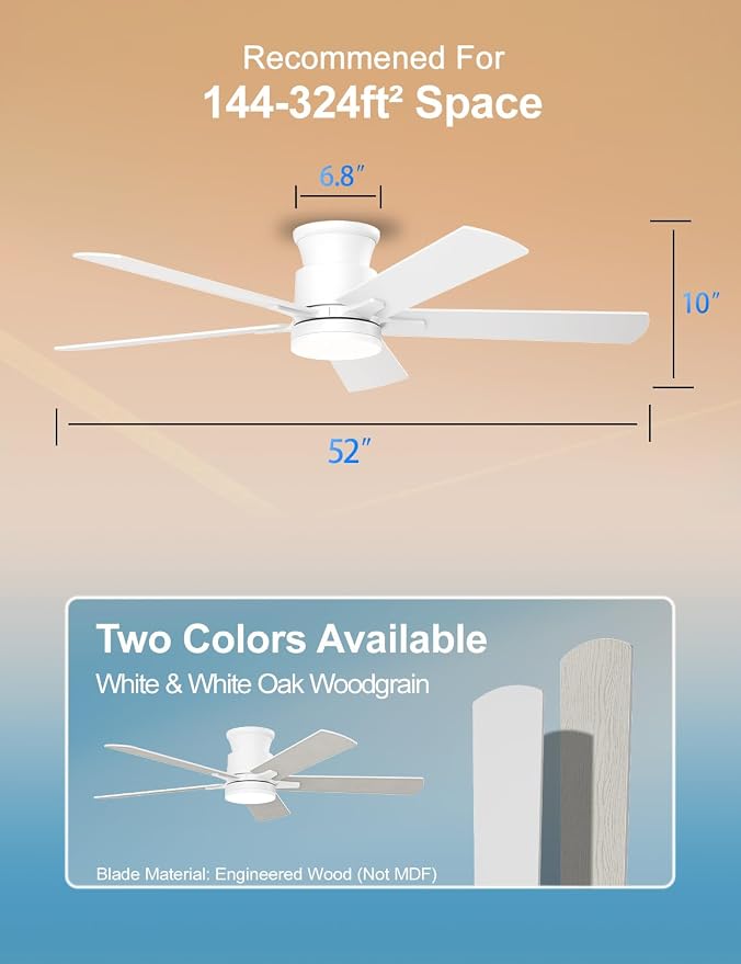 Ceiling Fans with Lights 52 Inch, Flush Mount, Remote Control, 3CCT Dimmable, 6 Speeds, Quiet Reversible DC Motor, Low Profile Hugger White Ceiling Fan for Bedroom, Living Room, Indoor/Outdoor, ETL
