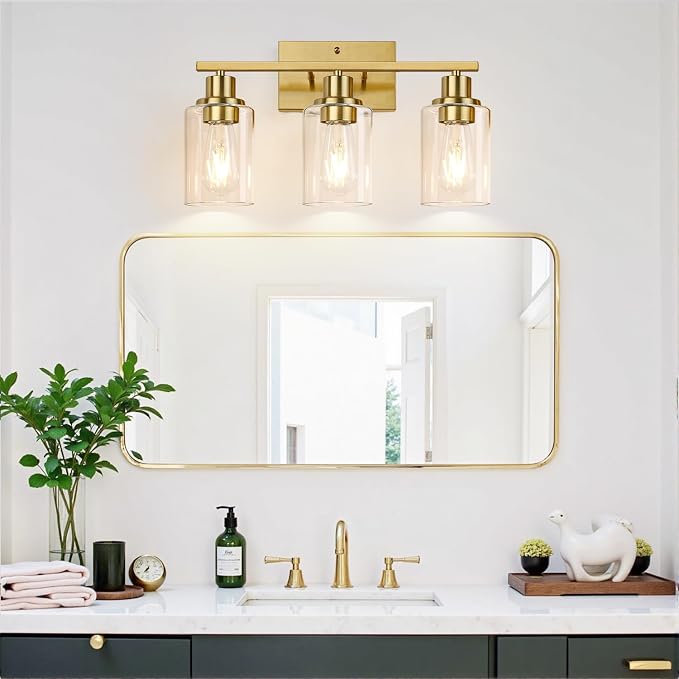 Indoi 3-Light Bathroom Light Fixtures, Brushed Gold Modern Vanity Lights with Clear Glass Shades, Bathroom Wall Lamp for Mirror Living Room Cabinet Bedroom Porch
