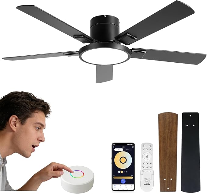Ceiling Fan with Lights, Smart Flush Mount Ceiling Fan with Remote/APP/Offline Voice Control, 6 Speeds Reversible, 3-Color Dimmable LED,Modern Low Profile Ceiling Fan for Bedroom Living Room 52"