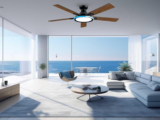 52" Ceiling Fans with Lights,Flush Mount Ceiling Fan with Light and Remote/App Control,Bluetooth Ceiling Fan with Speaker,6-Speed Reversible Motor,Full-Spectrum Adjustable Lighting,Edge Ambient Lights