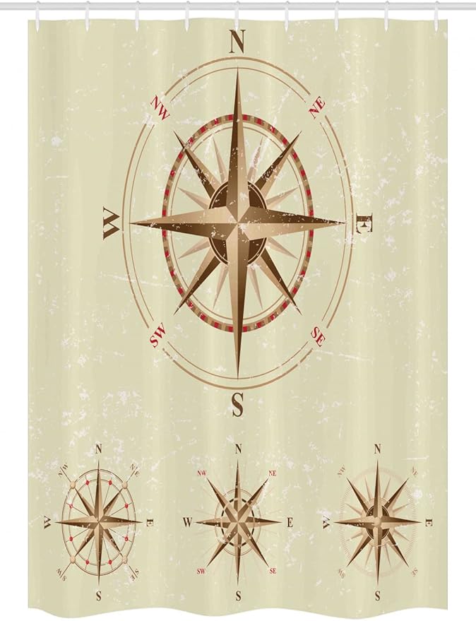 Ambesonne Compass Stall Shower Curtain, 4 Different Compasses in Retro Colors Discovery Equipment Where Nautical Marine, Fabric Bathroom Decor Set with Hooks, 54" W x 78" L, Beige Tan