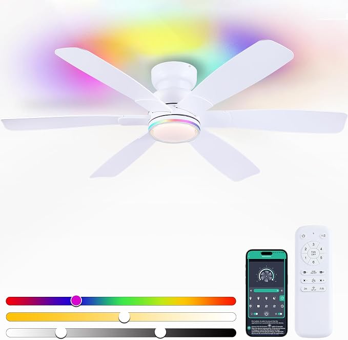 Kviflon 52" Modern Ceiling Fans with RGB Lights Remote/APP Control, Low Profile Flush Mount Ceiling Fan, 6 Reversible Plastic Blades 6 Speeds, RGB + 3 CCT Dimmable Lights for Bedroom Kidsroom, White