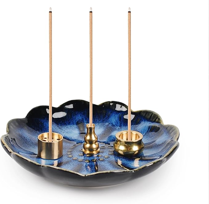 Incense Holder, Ceramic Handmade Incense Burner Tray Set with 3 Styles Copper Incense Accessories for Joss Stick, Tower Incense, Home Office Decoration