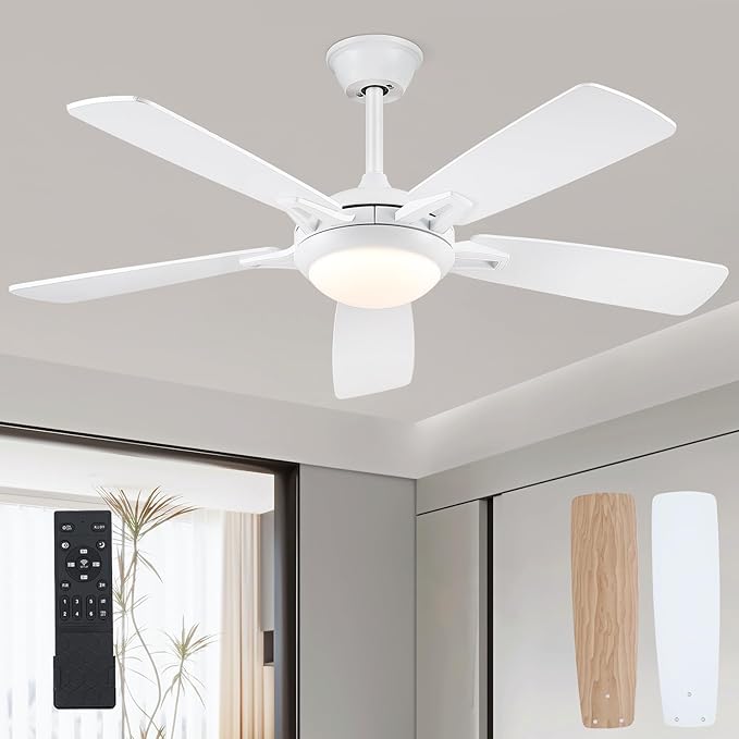 Kviflon 52 Inch Ceiling Fans with Lights and Remote, Modern Indoor Outdoor Ceiling Fan for Bedroom Living Room Patio Porch, 6 Speeds, Reversible Quiet Motor, Dual Finish Wooden Blades, White