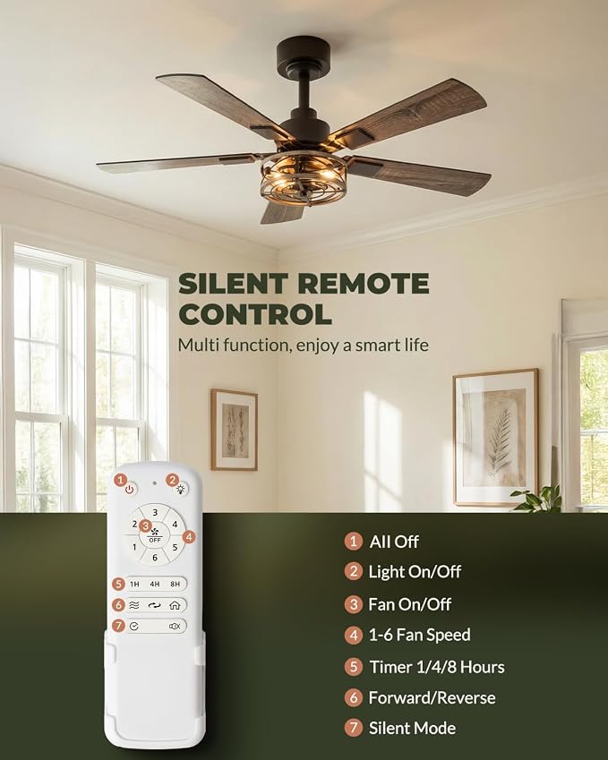 Farmhouse 42 Inch Ceiling Fans with Lights, Low Profile Flush Mount Ceiling Fan with Remote Control, Quiet and Reversible DC Motor, 6-Speed Caged Rustic Ceiling Fan for Bedroom, Living Room, Walnut