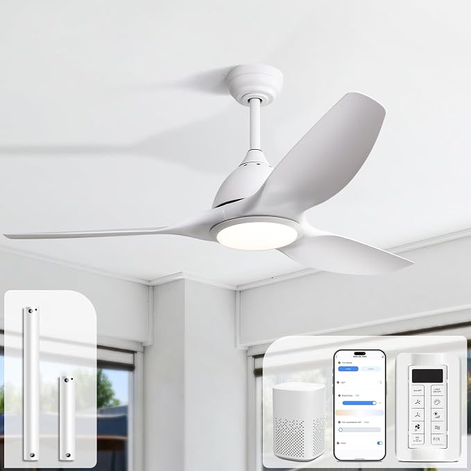 Sofucor 52 Inch Smart Ceiling Fan with Light, Modern Ceiling Fan with 3 Plastic Blade, Quiet, Dimmable, Compatible with Alexa/Google/App, 6 Speeds 7000CFM, Timer Quiet Reversible DC Motor, ETL, White