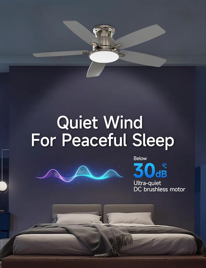 Flush Mount Ceiling Fan with Light, 42 Inch, Remote Control, 3CCT Dimmable LED, 6-Speed Silent Reversible DC Motor, Low Profile Hugger Ceiling Fan for Indoor/Outdoor 90-264V 50/60Hz Brushed Nickel