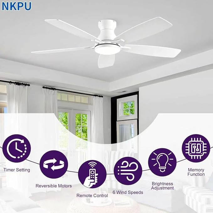 NKPU Ceiling Fans with Lights, Low Profile Ceiling Fan with Light and Remote/APP Control, DC Motor, Noiseless, Flush Mount, 52inch White Ceiling Fan for Bedroom Indoor/Outdoor Use