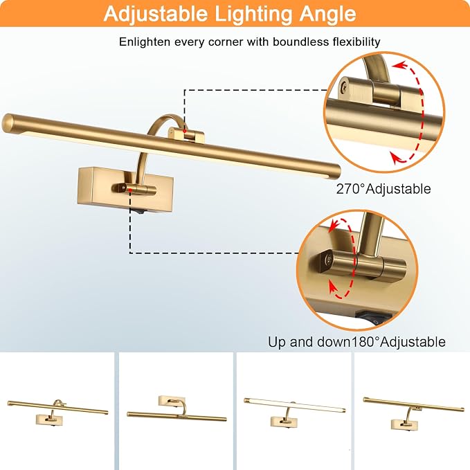 Tassuowell Picture Light Battery Operated with Remote, 3CCT Dimmable Picture Light for Paintings, Brass Rechargeable 24 inch Battery Operated Wall Sconce for Art Lighting Gallery Portrait Artwork