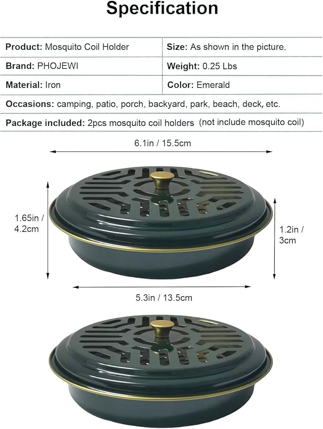 Mosquito Coil Holder, 2 Pack Metal Mosquito Repellent Coil Holder with Lid Emerald Portable Incense Coil Burner for Outdoor Camping Patio Party (Emerald)