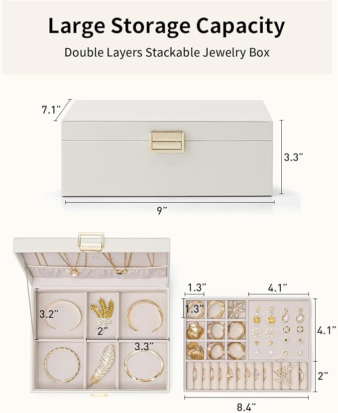 VLANDO Jewelry Box for Women, Gift for Women Girls,2 Layer Jewelry Box,Large Jewelry Organizer for Women Removable Jewelery Tray for Necklace Earrings Rings (Cloud White)