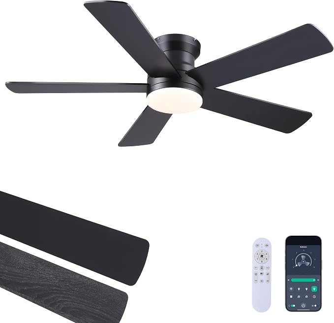 Ayaoty Ceiling Fans with Lights - 48" Black Flush Mount Ceiling Fan Light with 6 Speeds 3CCT Dimmable, Revesible Motor, Low Profile Fan Light for Modern Indoor Bedroom, Kitchen