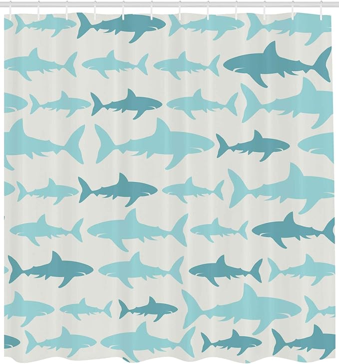 Ambesonne Sea Animals Shower Curtain, Monochrome Shark Illustration Fashion Maritime Illustration Aquatics, Cloth Fabric Bathroom Decor Set with Hooks, 69" W x 70" L, White Blue